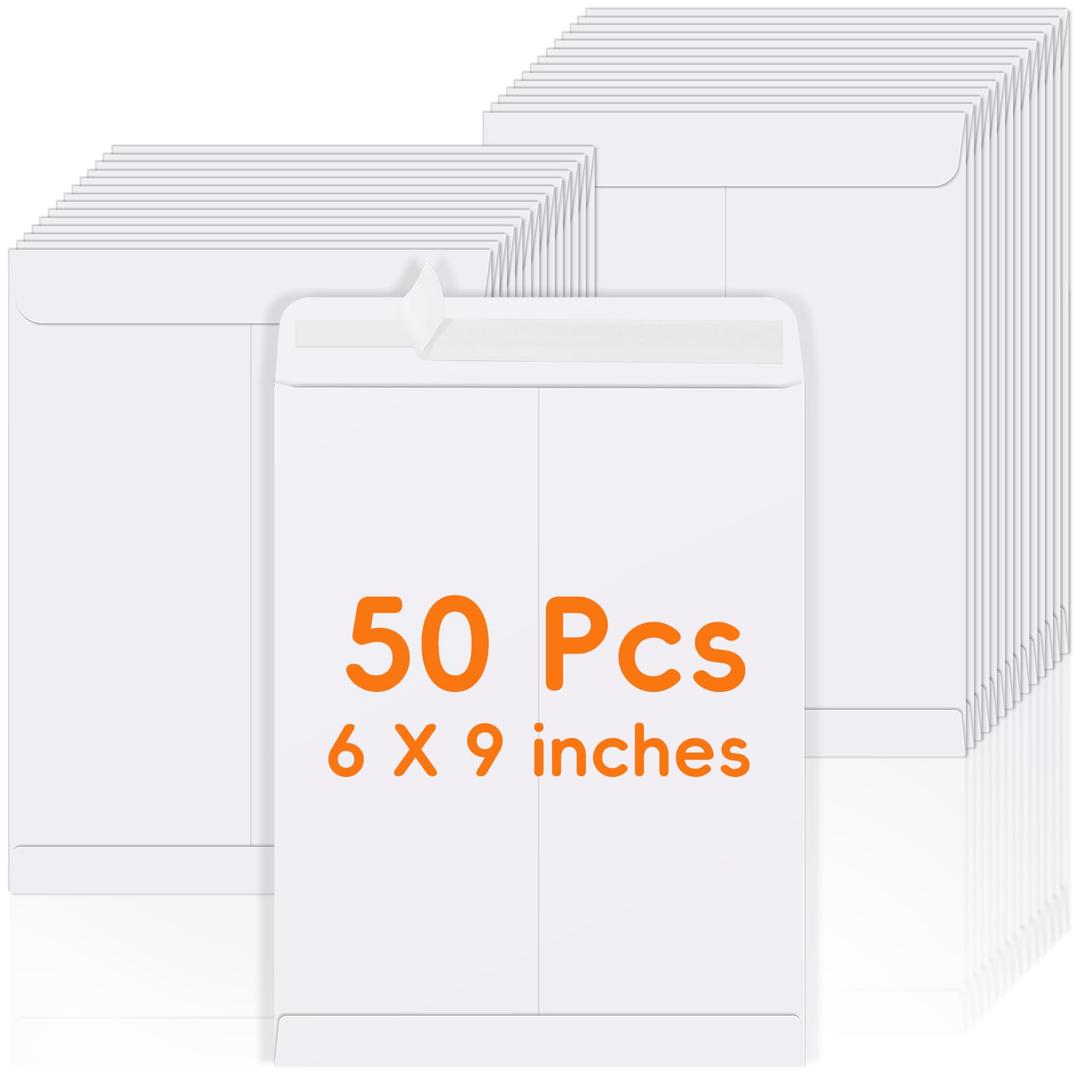 50 Pack 6x9 Envelopes Self Seal, White Catalog Mailing Envelopes 6 x 9 Manilla Envelopes for Mailing, Organize, Storage, Home, Office Business