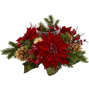 Nearly Natural Poinsettia, Berry and Golden Pine Cone Candelabrum Artificial Silk Arrangements Red 6"D x 14"W x 14"H