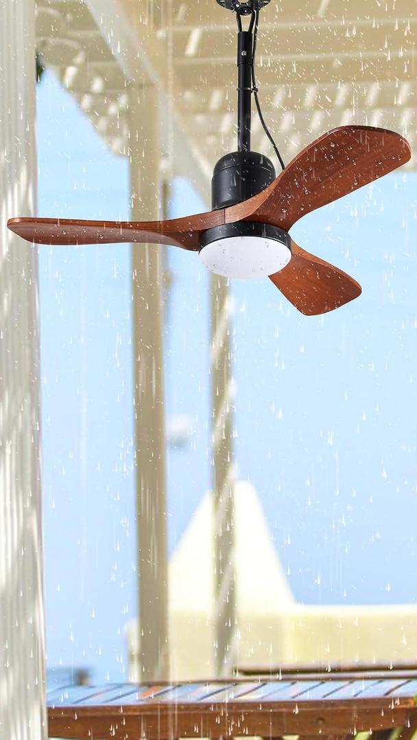 34-Inch Wet-Rated Outdoor Ceiling Fan with Light, Walnut Wood Blades