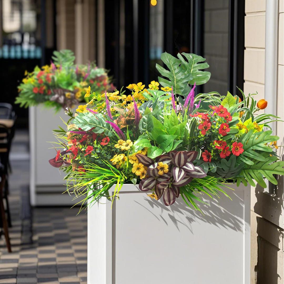 20PCS Fake Flowers UV Resistant Artificial Plants & Faux Shrubs  Outdoor Plastic Greenery Stems for Garden Porch, Window Box Planter, Home Decor(Pot Not Included)