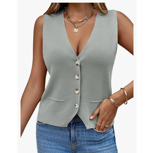 Saodimallsu Womens Sleeveless Sweater Vest Knit V Neck Button Fashion Casual Loose Spring Summer Waistcoat Cardigan, M