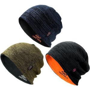 3 Pack Reversible Winter Fleece Lined Beanie Hats for Men Women Warm Windproof Cotton Stretchy Knitted Skull Caps (One Size, Black+blue+khaki)