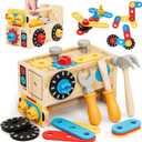 Montessori Kids Tool Set, Wooden Toddler Tool Bench Educational Toys for Ages 2-4, 2 Year Old Boy Gift for Birthday Christmas, STEM Pretend Play Tool Box, Learning Developmental Construction Toys (Small)