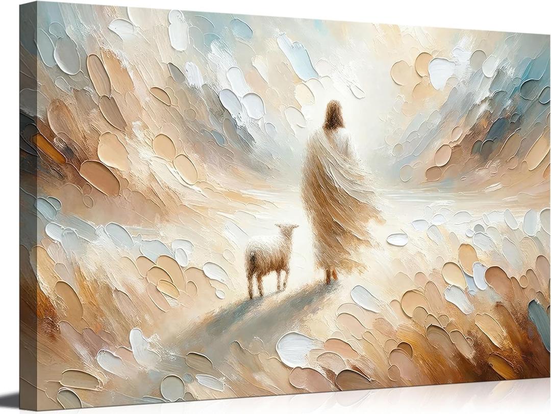 Jesus leaves the 99 sheep Canvas Wall Art Christian Jesus God Savior Wall Decor Picture Lamb Lost Sheep Poster Print Painting for Living Room Bedroom Church Decoration Ready to Hang, Size: 24"L x 16"W-Canvas