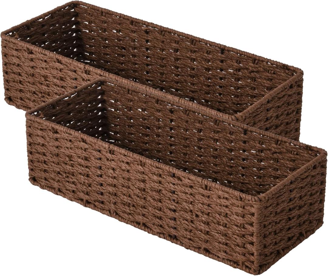 StorageWorks Round Paper Rope Toilet Tank Topper Basket, Wicker Basket for Bathroom, Brown, 2-Pack (15 "L x 6 "W x 4 "H)
