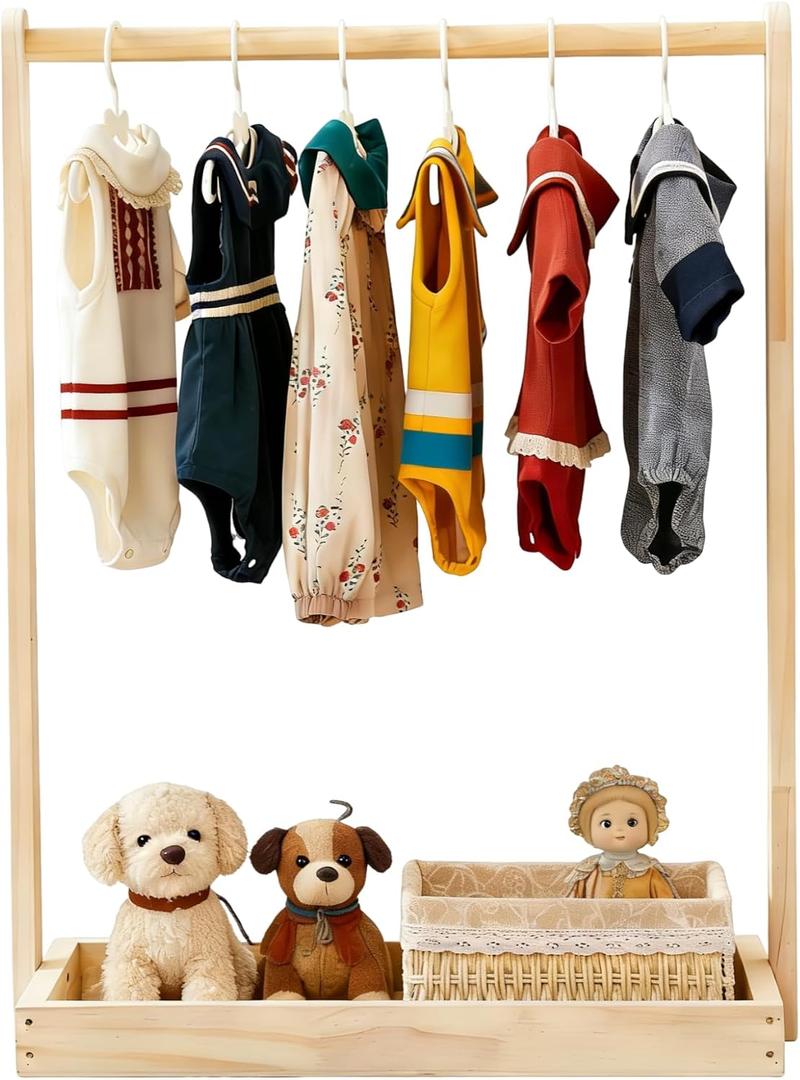 Baby Clothing Rack for Baby Shower, Pets Clothes Rack with Storage Box & Hanging Rod for Dogs Cats Dolls Clothes Display, Mini Baby Shower Crate Closet Rack (Natural)