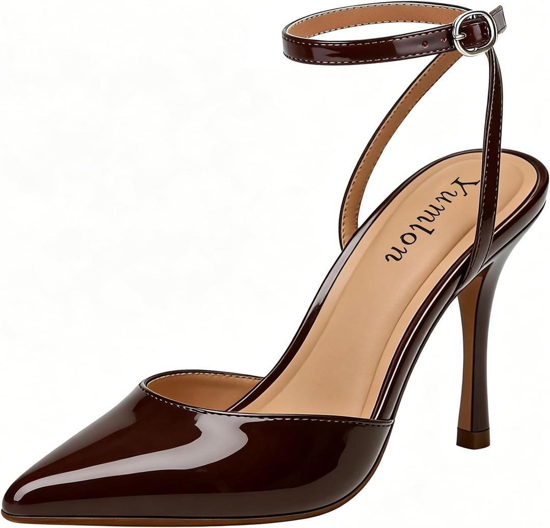 Closed Toe Slingback Heels Wedding High Stiletto Heel for Women Pumps 3.3 Inch Ankle Strap Pointed Toe Heels (7.5, Brown Patent)