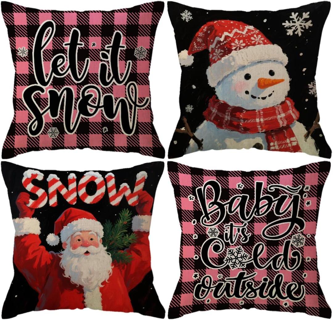 4pack Winter Snow Throw Pillow Case Buffalo Check Plaid with Snowman Santa Cushion Covers Christmas Winter Holiday Farmhouse Decorative Pillowcases 18 x 18 Inches for Sofa Couch(Pink)