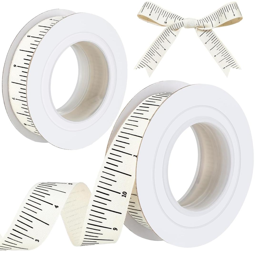 Wavwavw 2 Pack Ruler Ribbon for Craft 10 Yard Teacher Measuring Tape Ribbon Cotton Measure Cloth Seamstress Tape School Themed Crafts and Gifts Supply(Ruler,White)