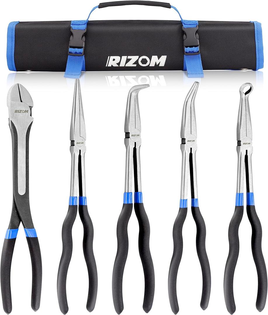 RIZOM 5-Piece 11 Inch Long Needle Nose Pliers Set, Extra Long Reach Pliers Set, 45&90 Bent Needle Nose Pliers, Circle Nose and Diagonal Pliers for Narrow Spaces and Limited Areas