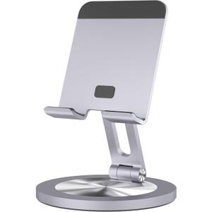 Phone Stand for Desk, 360 Rotating Dual Adjustable Foldable Holder, Heavy Solid All-Aluminum Base Anti-Slip Stable Support for Home Office Study, Fits iPhone Galaxy 4-8" Phones (Grey)