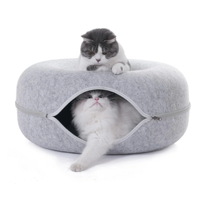 Large Cat Tunnel Bed for Indoor Cats  Scratch Resistant Donut Cat Bed, Up to 30 Lbs (L 24x24x11, Light Grey)