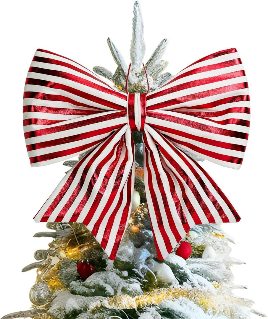 Christmas Tree Bow Decorations, Large Red White Striped Shiny Bows for Xmas Tree Topper Ornaments, Wreaths, Indoor Outdoor Decor, 14x14 Inch (Red White)