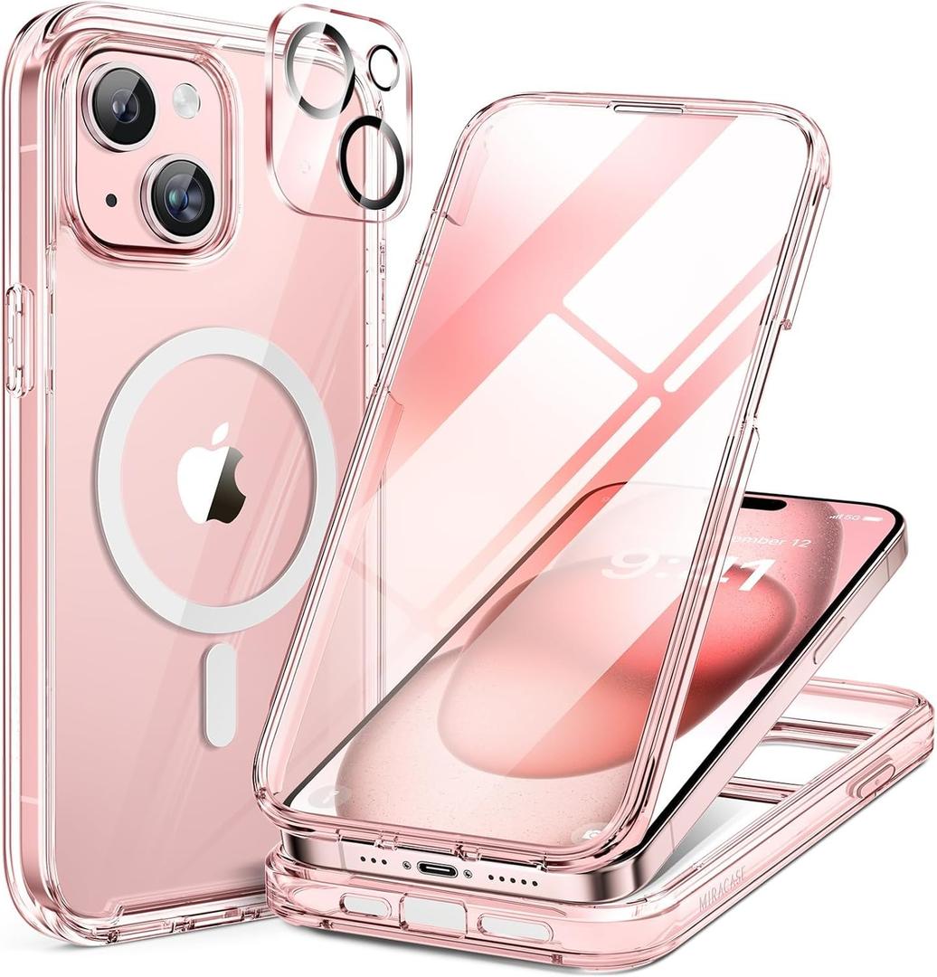 Miracase Glass Series for iPhone 15 Case [Compatible with MagSafe] Full-Body Magnetic Case with Built-in 9H Tempered Glass Anti-Fingerprint Screen Protector + Camera Lens Protector, Clear Pink