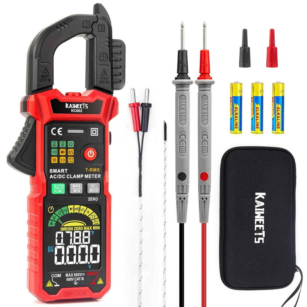 KAIWEETS Smart Digital Clamp Meter with D-Shaped Jaws, Clamp Multimeter with Inrush Current Function, Auto-ranging Amp Meter Built-in HD Color Screen, Measures AC/DC Current Voltage Temperature NCV (KC602)