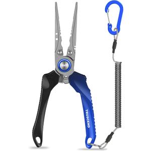 TRUSCEND Lockable Handy Fishing Pliers with Innovative Ergonomic Handle, Saltwater Corrosion Resistant Teflon Coated Fishing Tool, Multi-Function Fishing Gear with Mo-V Cutter (B-straight Nose-blue)