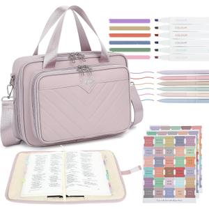 Bible Cover Case for Women, Large Bible Bag with Strap Shoulder,Journaling Kit Book Carrying Case with Pastel Highlighters Tabs, Bible Study Supplies & Christian Gift for Gilrs (Purple)