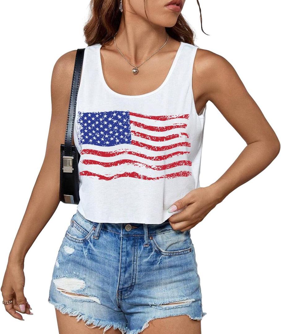 4th of July Crop Tops for Women Funny American Flag Shirts Tank Top Outfits (White, XS)