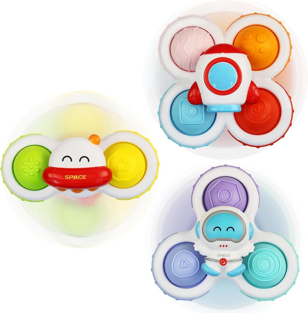 Sensory Toys for Toddlers 1-3, Suction Cup Spinning Top, Baby Gifts Idea for Boy & Girl Toddler 3pcs Suction Cup Spinner Toy for 12-18 Months (Spaceship Series)