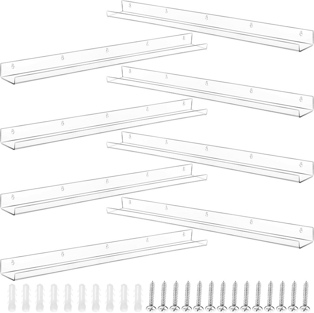 Wesiti 8 Pack Acrylic Floating Shelf 36 Inch Clear Book Display Shelves with Mounting Kit Invisible Floating Wall Ledge Transparent Wall Mounted Bookshelf for Kids Nursery Organizer Storage Decoration