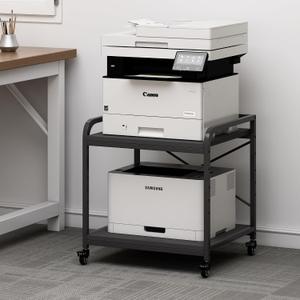 Fannova 2 Tier Under Desk Printer Stand with Storage, 20 Inches Deep Large Printer Table with Height Adjustable Shelf, Rolling Printer Cart with Wheels for Home Office - Black