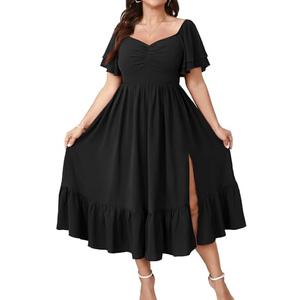 SCOMCHIC Womens Plus Size Wedding Guest Cocktail Dresses Sweetheart Neckline Short Sleeve Smocked Ruffle Slit Maxi Dress Black, 4XL