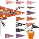 24 Set DIY Halloween Stick Flags 6.2" x 12.4" Paper Pennant Flags with Ribbons Include 24 Ghost Boo Pennant Flags 24 Flat Bamboo Stick 120 Ribbons for Halloween Boo Basket Decoration