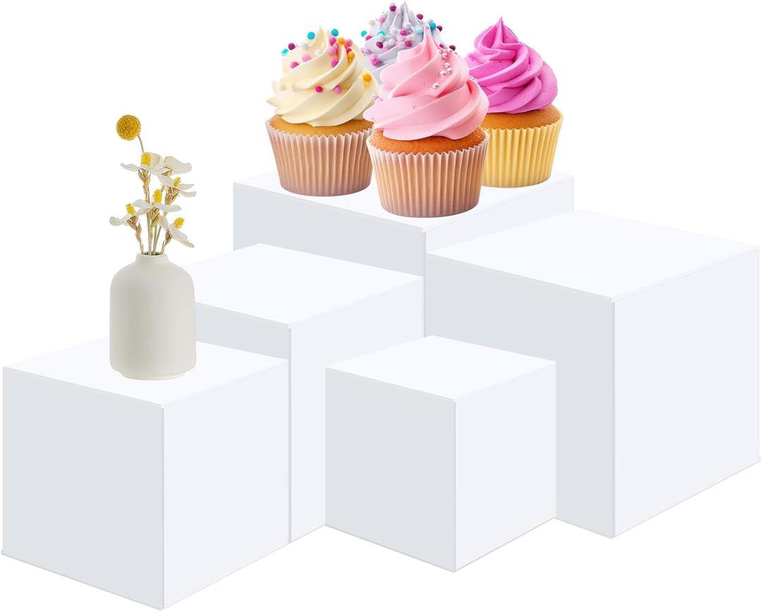Geetery Set of 5 Display Buffet Risers (3",4",5",6",7") Acrylic Cube with Hollow Bottoms Acrylic Boxes Table Stands for Display Dessert Catering Collectibles Jewelry Decor (Small,3,4,5,6,7 Inch,White)