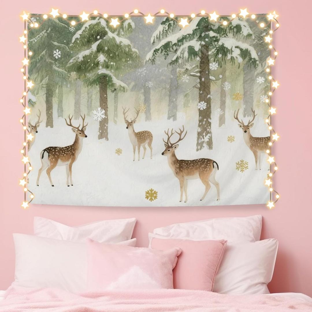 NATSUNO Winter Christmas Deer Tapestry, Rustic Christmas Wall Tapestry for Bedroom, Winter Snowy Forest Xmas Deer Tapestries Wall Hanging for Home Bedroom Living Room Decor, 50x60 Inches