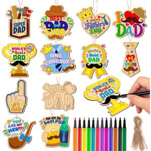HOWAF 24 Pcs Father's Day Wooden Crafts Kits, Fathers Day Crafts for Kids, Color Your Own Father's Day Wooden Ornaments for Fathers Day Gift, Classroom Activities Dad's Birthday Party Supplies