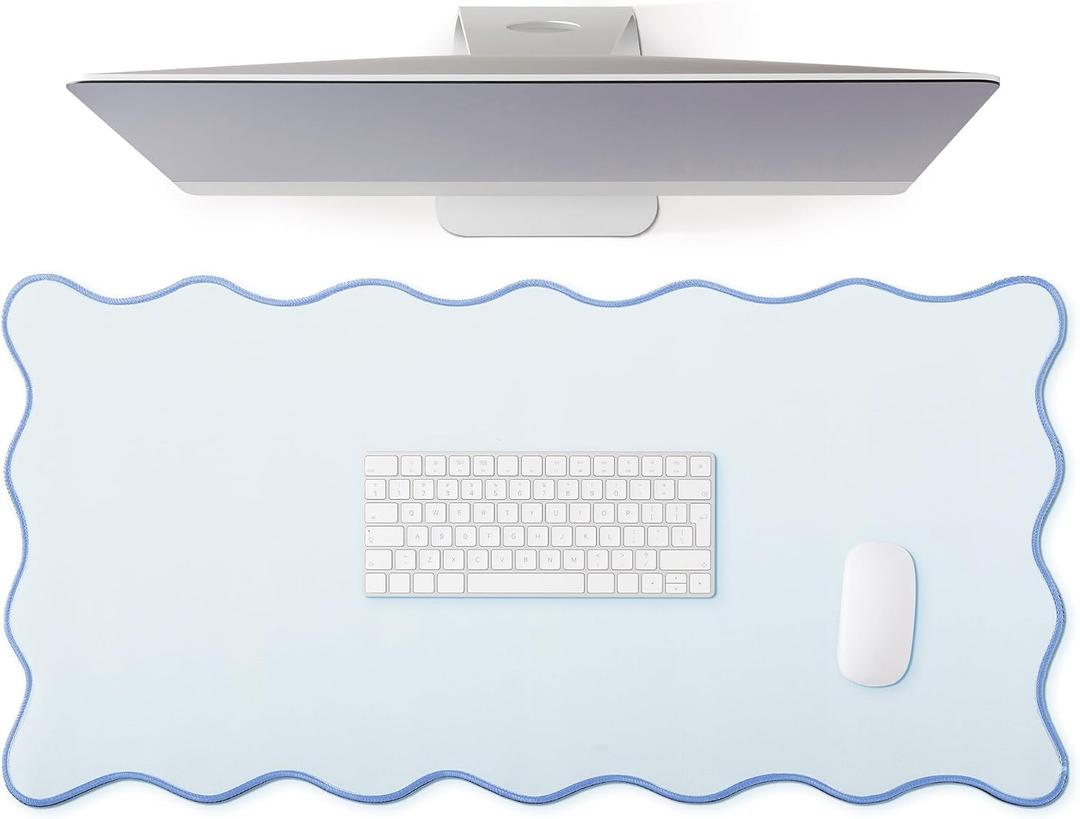 Hahafelt Scalloped Desk Mat Large Scalloped Piping Cute Desk Mat Aesthetic Preppy Table Pad Large Nonslip Pad with Edge Stitching Waterproof Gaming(Blue,31.5 x 15.8 Inches)