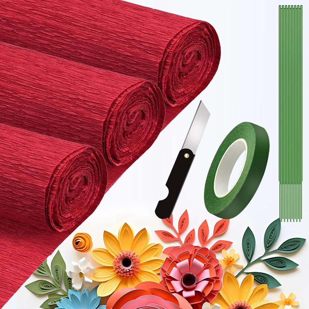 Crepe Paper Roll (9.8Inch x 8.2Ft/3Rolls),DIY Gift Crepe Paper Sheet Color Paper Flower Set for Birthday Decoration, Party Decoration and Wedding Decoration (Red)