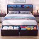 Full Size Bed Frame with 2 Drawers, Platform Bed with LED Lights & Charging Station, Upholstered Headboard with Storage Shelve, Noise Free, Metal Slats Support, No Box Spring Needed