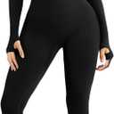 Popilush Jumpsuits for Women Long Sleeve Built-In Bra Square Neck Full Length Leggings Bodycon Stretch Workout Outfits (Large, Black)
