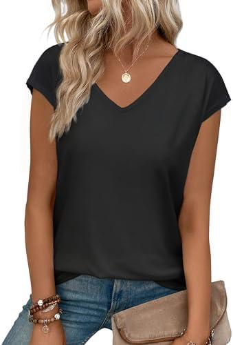 Womens Summer Tops Short Cap Sleeve Shirts V Neck Basic Tees Casual Fashion T Shirts, XXL