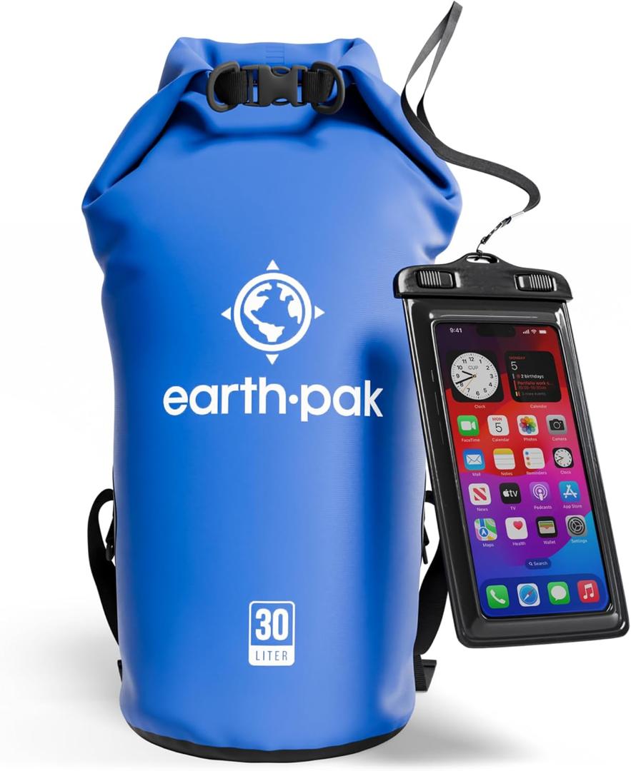 Earth Pak Waterproof Dry Bag - Roll Top Waterproof Backpack Sack Keeps Gear Dry for Kayak with Waterproof Phone Case (30L, Blue)