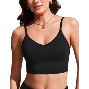 CRZ YOGA V Shaped Longline Bikini Tops for Women - Padded Cropped Adjustable Spaghetti Straps Swimsuit Athletic Bathing Suit (Black, M)