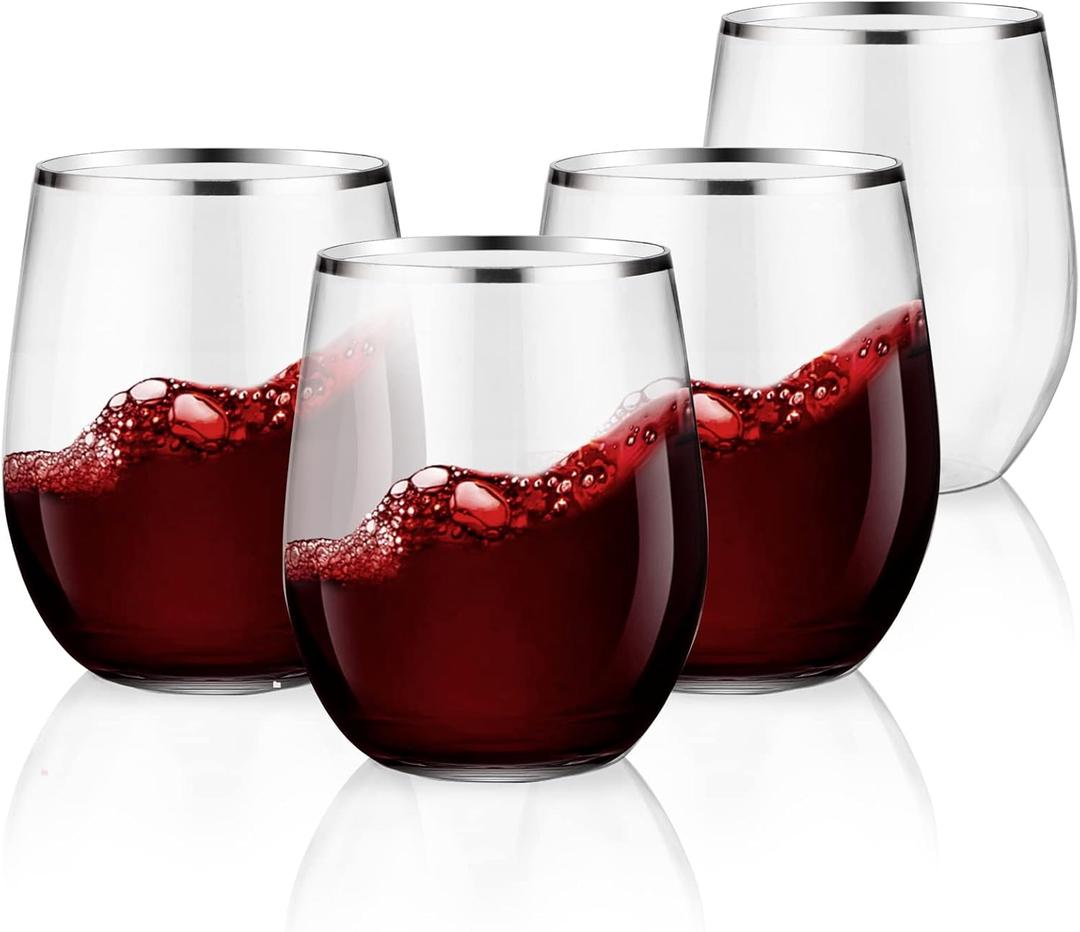 SUT 32 Pack 12oz Silver Rimmed Plastic Wine Glasses Stemless, Disposable Wine Cups with Premium Quality, Reusable, Unbreakable, Crystal, Shatterproof and BPA-Free, Perfect for Party, Wedding, Picnic (32pcs, Silver)