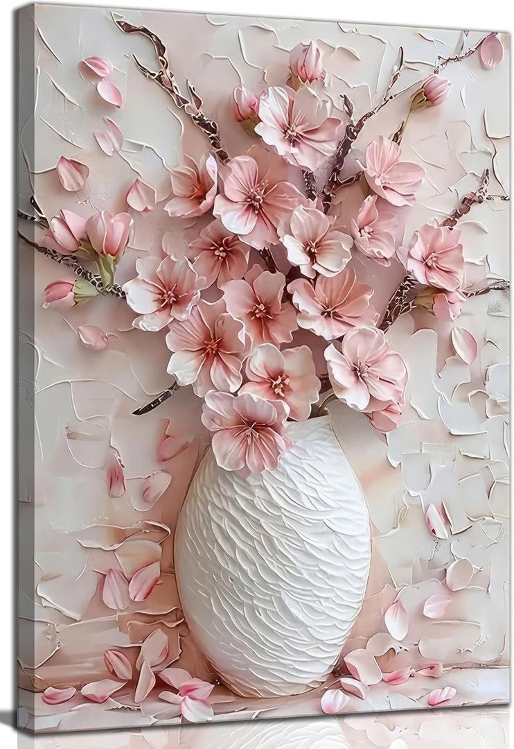 Pink Floral Canvas Wall Art sakura Flowers Botanical painting Decor Pictures Cherry blossoms Posters Prints for Living Room Classroom Bedroom office corridor bathroom Decoration, 24"L x 16"W