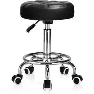Rolling Stool PU Leather Round - Ultra Soft Padded Seat Cushion Stool with Wheels with Footrest, Weight Capacity 300lb,Adjustable Height Stool for Tattoo Massage Salon Medical Spa Center (Jet Black), Standard