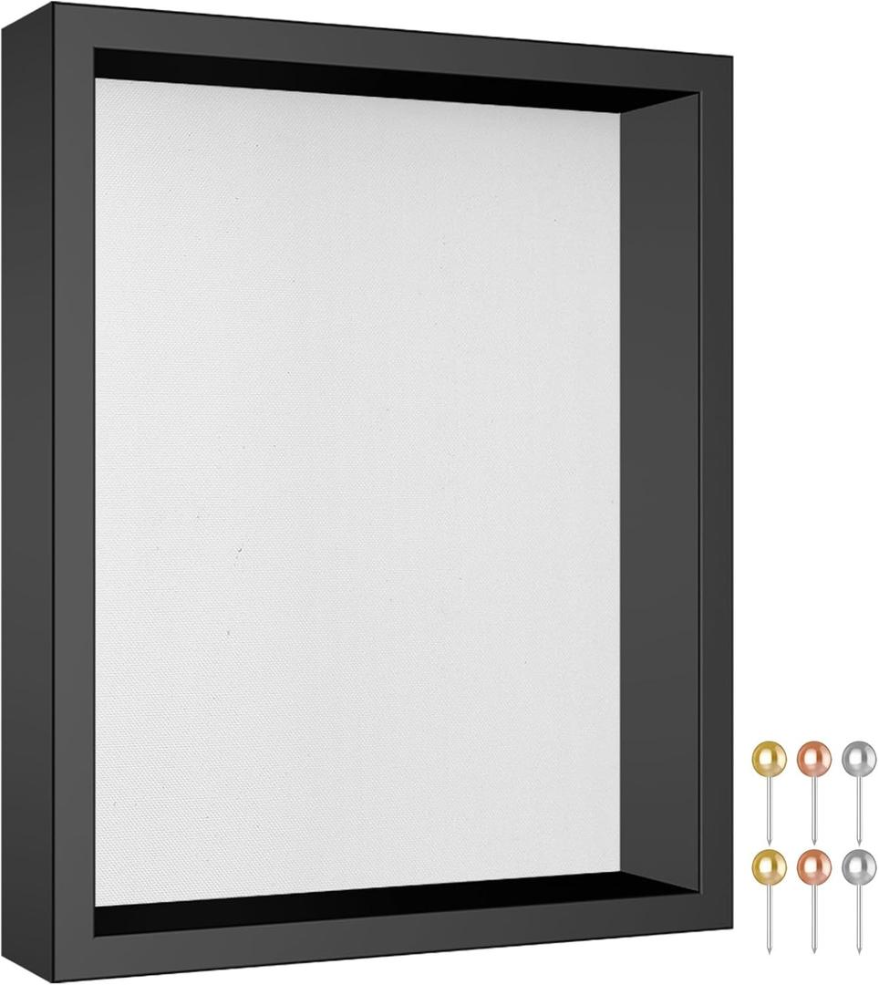 Califortree 8x10 Shadow Box Frame with Soft Linen Back - Metal Push Pins Included, Memory Shadow Box Display Case for Bouquet Awards Medals Wedding Photos and More, Black