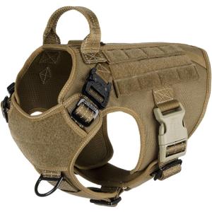 Tactical Dog Harness, Medium Size,2X Metal Buckle,Working Dog MOLLE Vest with Handle,No Pulling Front Leash Clip,Hook and Loop Panel (Brown,M (Pack of 1))