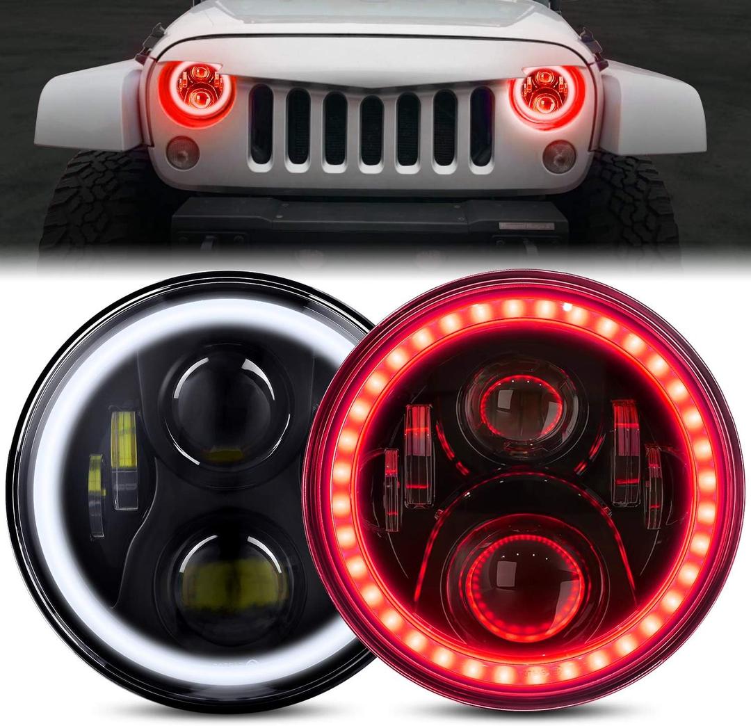 7 Inch LED Halo Headlights with Red Halo Ring Angel Eyes, Hi/Lo Beam, Amber Turn Signal, DOT Approved, Wrangler Headlights for JK LJ CJ TJ, 2PCS