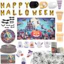 278 Pcs Happy Halloween Tableware Party Supplies Contain Forks Spoons Knives Paper Plates Balloons Tablecloth Ghost Banner Backdrop Bat stickers (Type 2)
