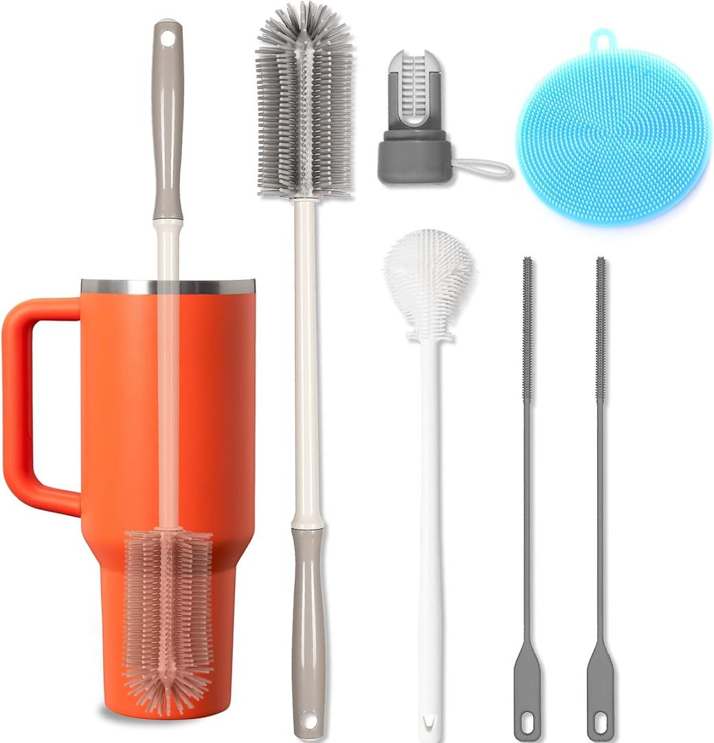 15.7" Silicone Bottle Brush Set - 2 Pack Water Bottle and Straw Cleaner Brush Long Handle for Hydro Flasks, Sports Bottles & Reusable Straw, Narrow Neck Containers, Tumblers, Glassware