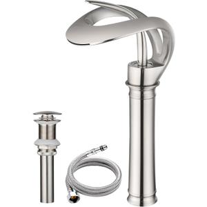 Elegant Bathroom Sink Faucet Single Hole,AUU Waterfall Brushed Nickel Vessel Sink Faucet Solid Brass,Single Handle Basin Tap with Pop Up Drian Supply Line (Brushed Nickel, Tall)