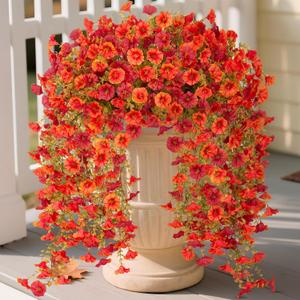 Artificial Fall Hanging Flowers for Decoration, 2pcs Long Vine Fake Flowers Plants Morning Glory, Realistic Faux Petunias for Planter Patio Porch Garden Autumn Outdoors Dec, Orange Red