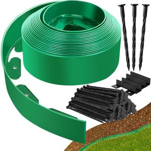 YUYIUS Landscape Edging Border - 60FT 4IN Tall Edging for Landscaping with 60 Stakes, 0.15" Thick No Dig Lawn Edging for Garden Border, Flexible Flower Bed Edging Borders for Yard, Terrace Board (GREEN)