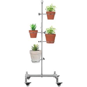 32" Tall DIY Plant Stand Indoor with 4 Pot Clips, Metal Flower Rack with Wheels, Adjustable Rolling Plant Shelf for Balcony, Patio, Garden Display, 3 PACK