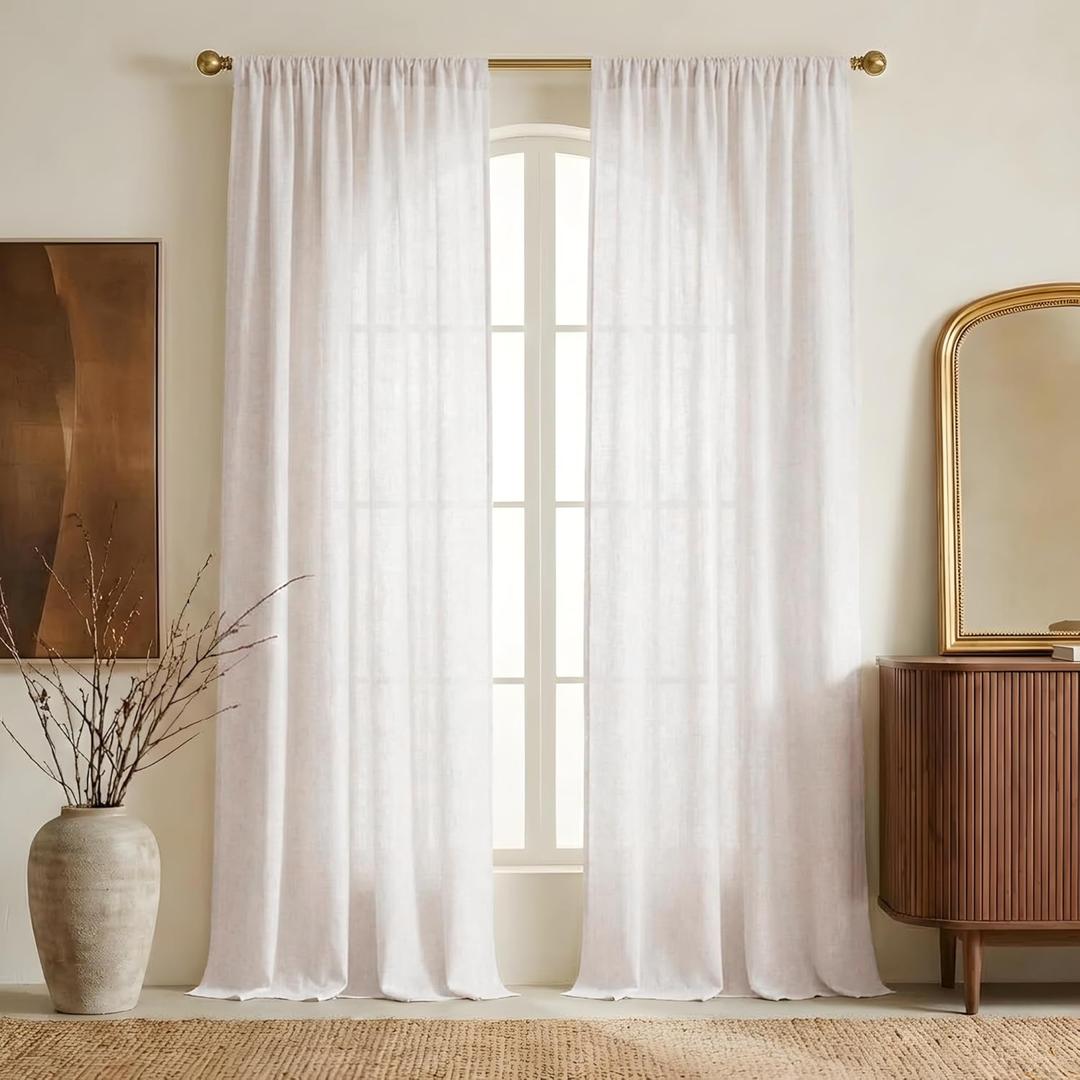 NICETOWN 230GSM Natural Linen Curtains for Farmhouse 84 inch Length 2 Panels, Back Tab & Rod Pocket with Pleat Tab Semi Sheer Window Treatments Light Filtering for Bedroom, W52 x L84